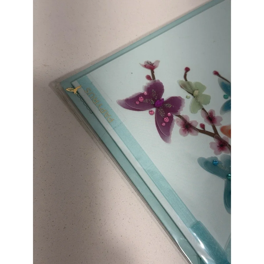 Papyrus Blank Card Cherry Blossoms Butterfly Blue Greeting Card Vintage